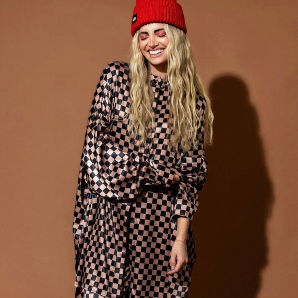 Dressed in LALA Satin Playsuit TOP ONLY Iced Coffee Checkerboard